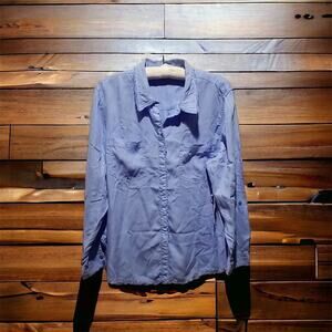 NWT Chico's Denim Button Down Shirt Top Size 4 Solid Fringe Wisteria Lightwash